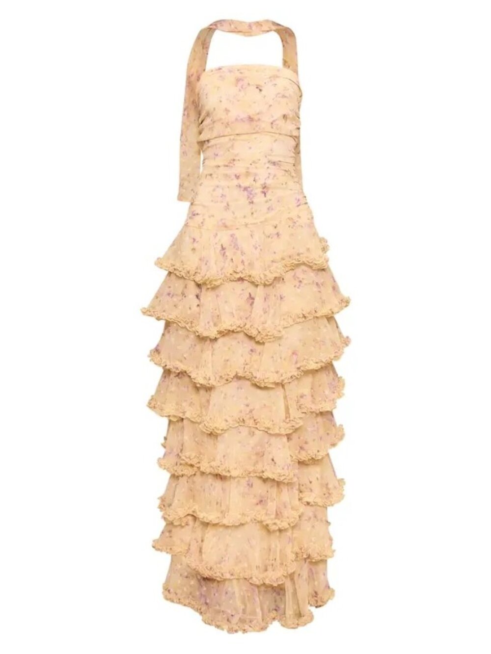 PrettyLittleThing Pastel Yellow Chiffon Floral Print Tiered Frill Maxi Dress 12 - Picture 3 of 10